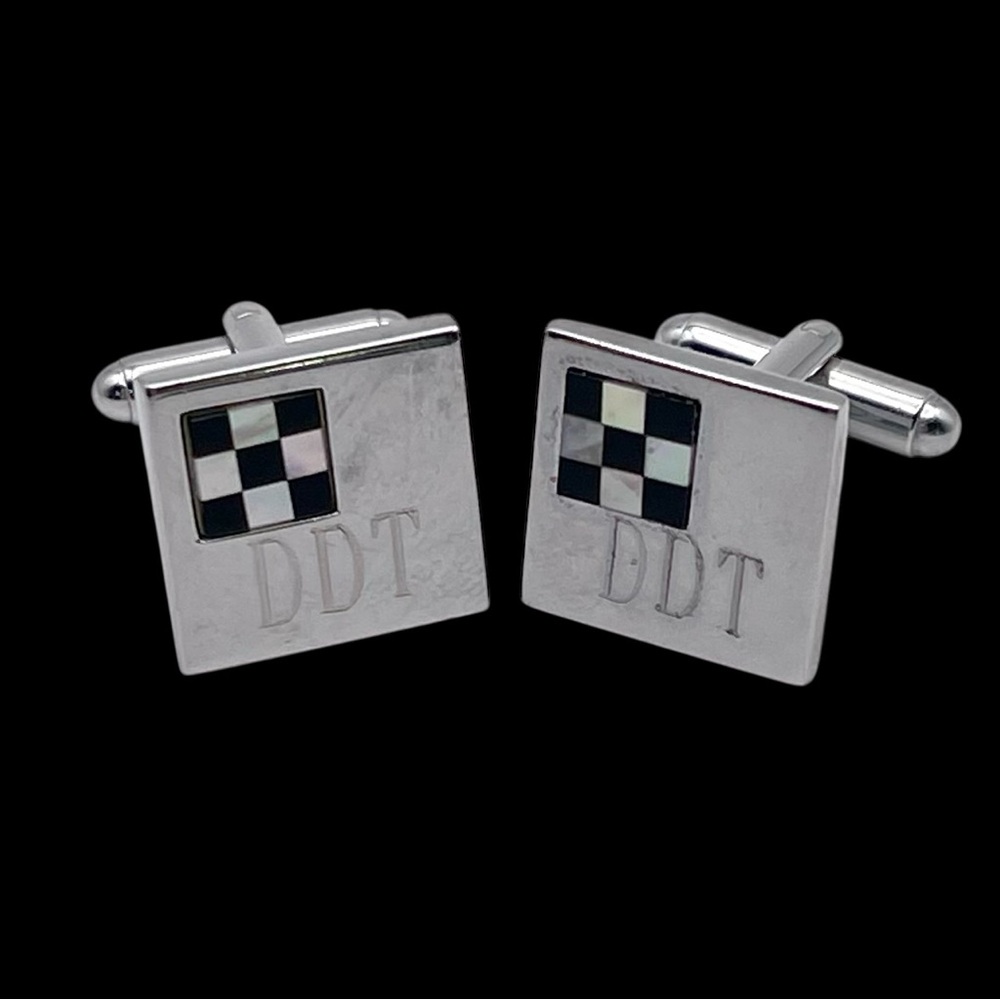 Silver Cufflinks With Mother of Pearl and Onyx Checkered Flag DDT Engraving